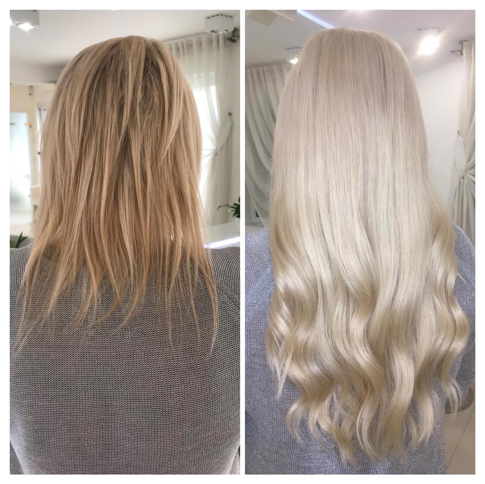 Włosy klientki przed i po zabiegu przedłużania włosami słowiańskimi na mikroringi
