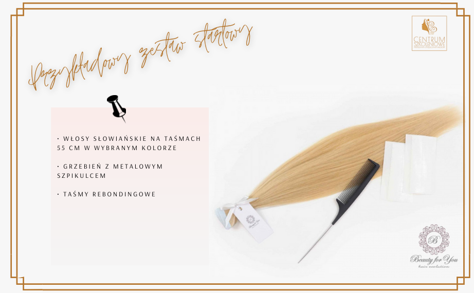 Przykładowy zestaw startowy do przedłużania włosów metodą kanapkową: włosy słowiańskie na taśmach 55 cm w wybranym kolorze, grzebień z metalowym szpikulcem, taśmy rebondingowe.