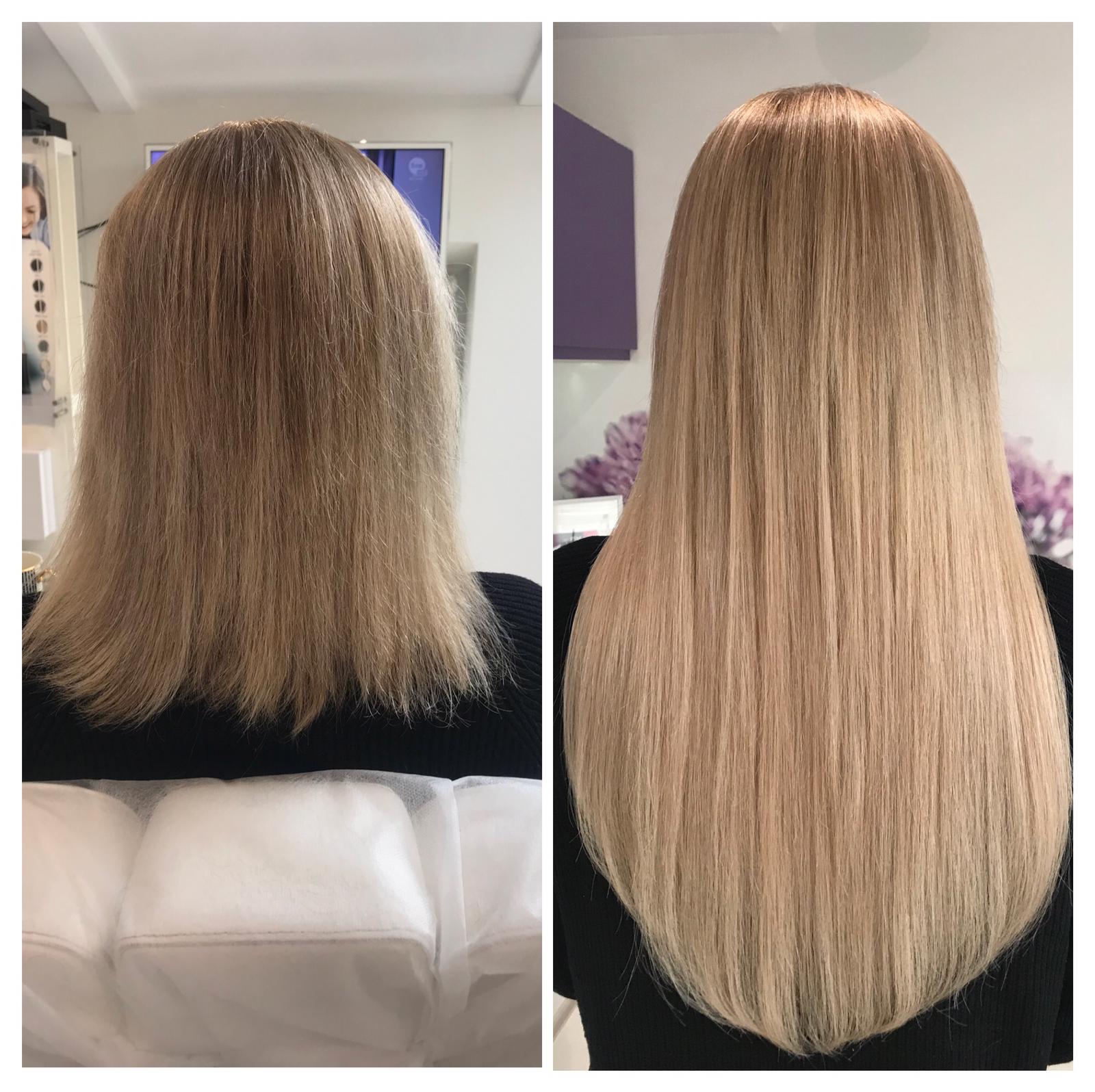Włosy klientki przed i po zabiegu przedłużania włosami słowiańskimi na mikroringach