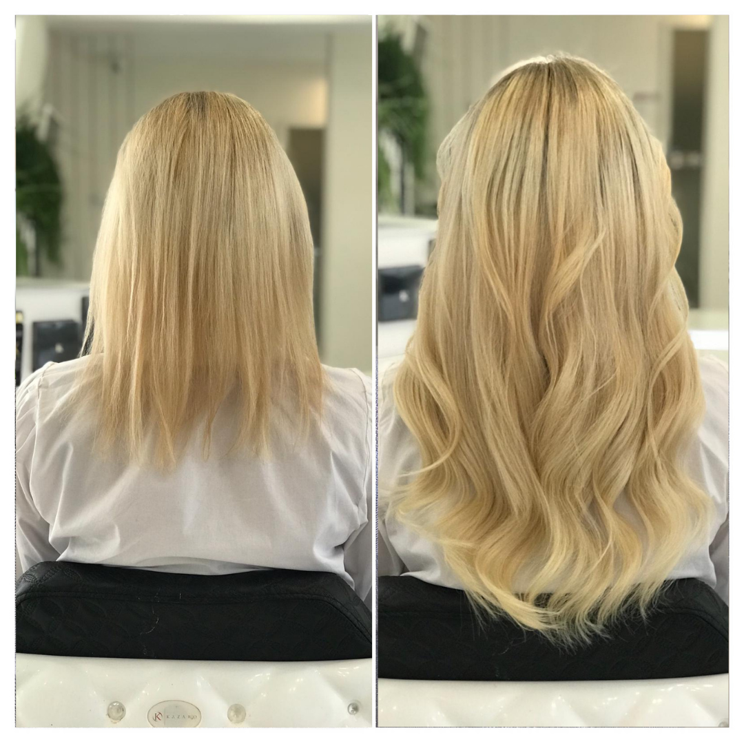 Włosy klientki przed i po zabiegu przedłużania włosami słowiańskimi na mikroringi